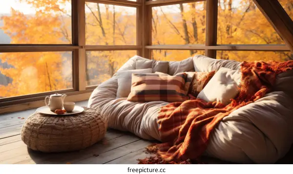 Cozy Living Room with Sectional Sofa and Fall Foliage View