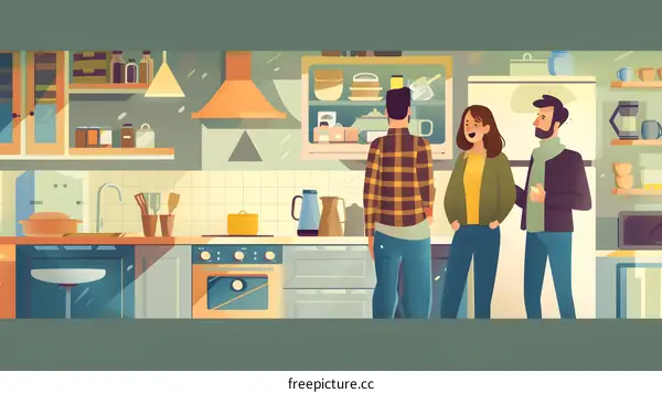 Three Friends Talking In The Kitchen