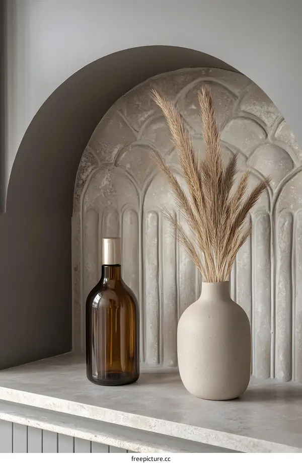 Modern Home Decor with Dried Grass and Glass Bottle on Shelf