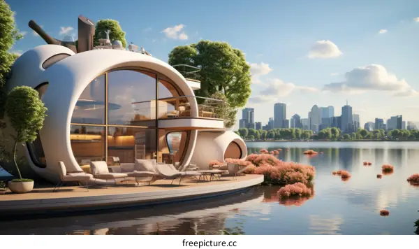 futuristic lake house with city skyline view