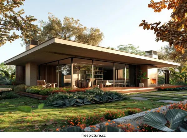 Modern House Exterior with Large Windows and Lush Landscape