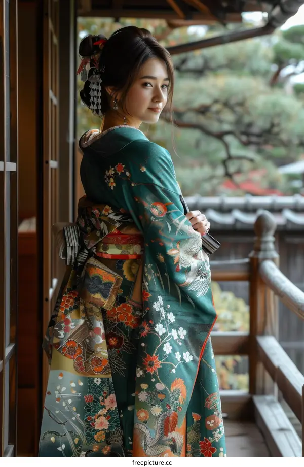 A woman wearing a kimono standing in a traditional Japanese house