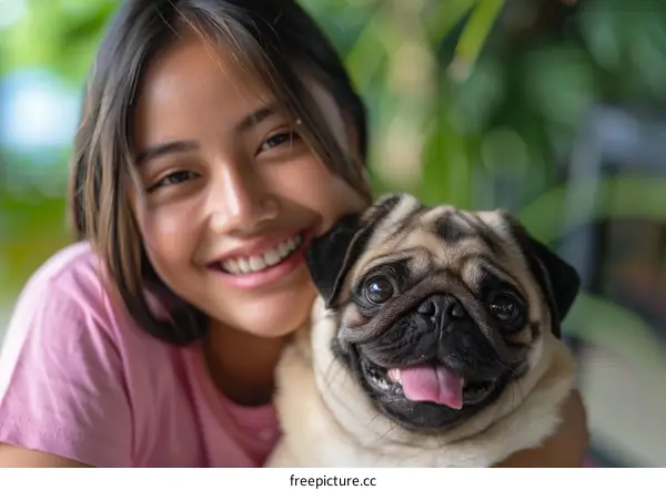pug smiling with girl