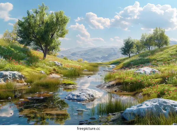 Small river flowing through a beautiful meadow