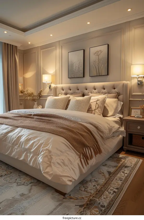 Spacious Bedroom with King-Size Bed, Artwork, and Geometric Rug