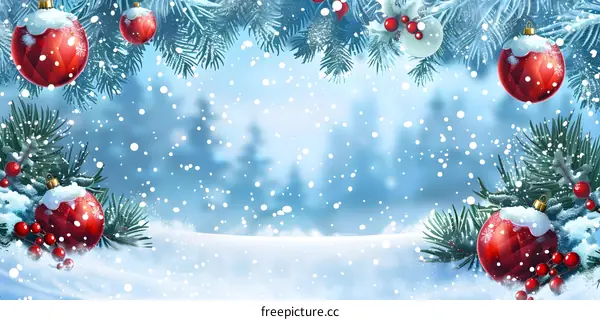 Christmas tree branches and red Christmas balls with Christmas decorations