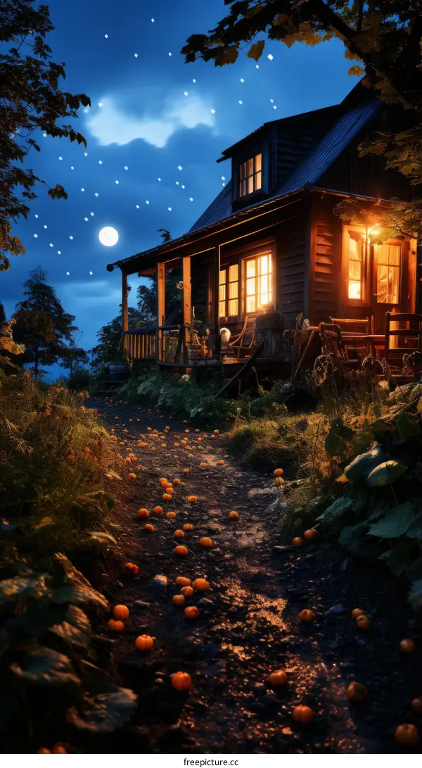 Wooden house in the middle of a forest surrounded by pumpkins under a starry night