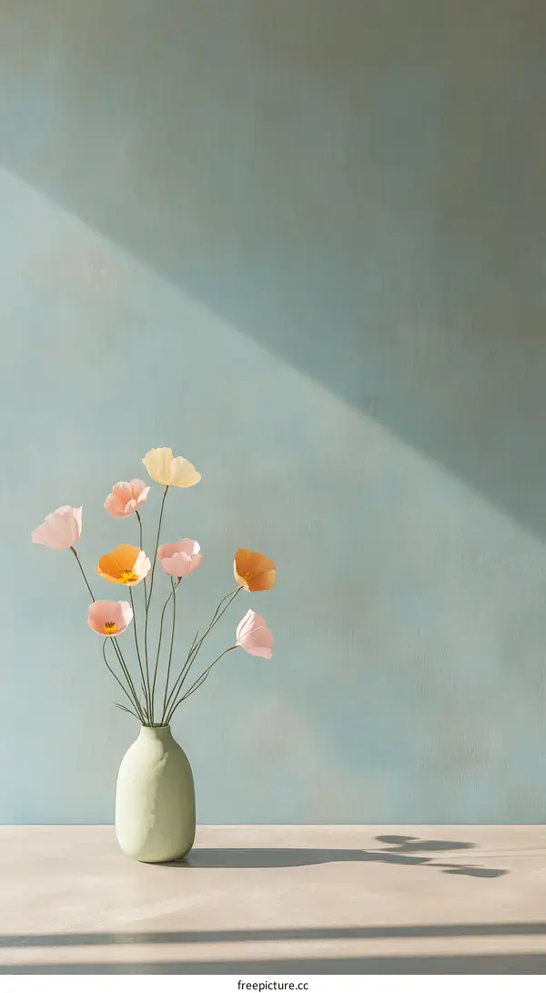 Pastel Flowers in a Vase Against a Light Teal Wall