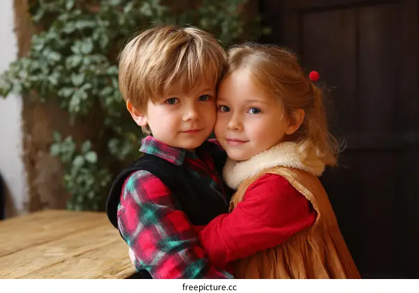 Two Children Hugging Closely Outdoors