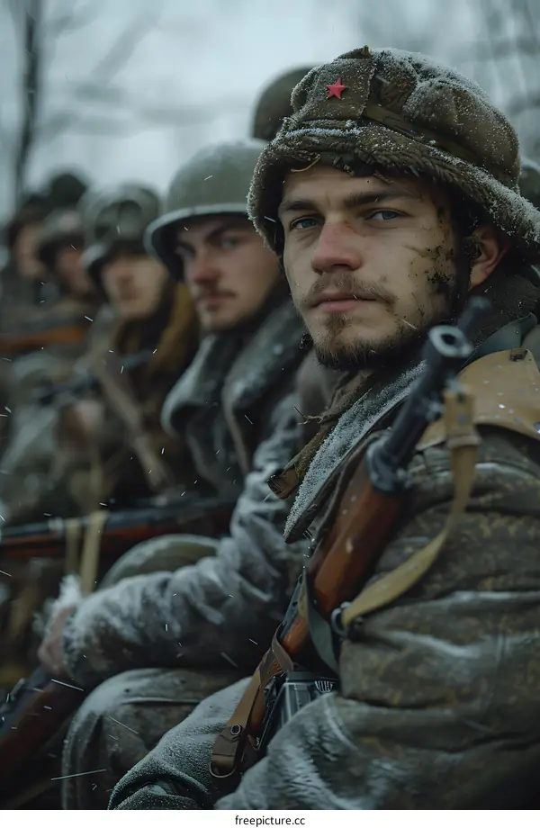 Portrait of a soldier in a winter hat with a red star