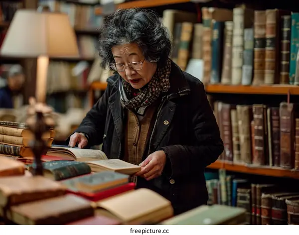 An old woman is reading a book in a library.