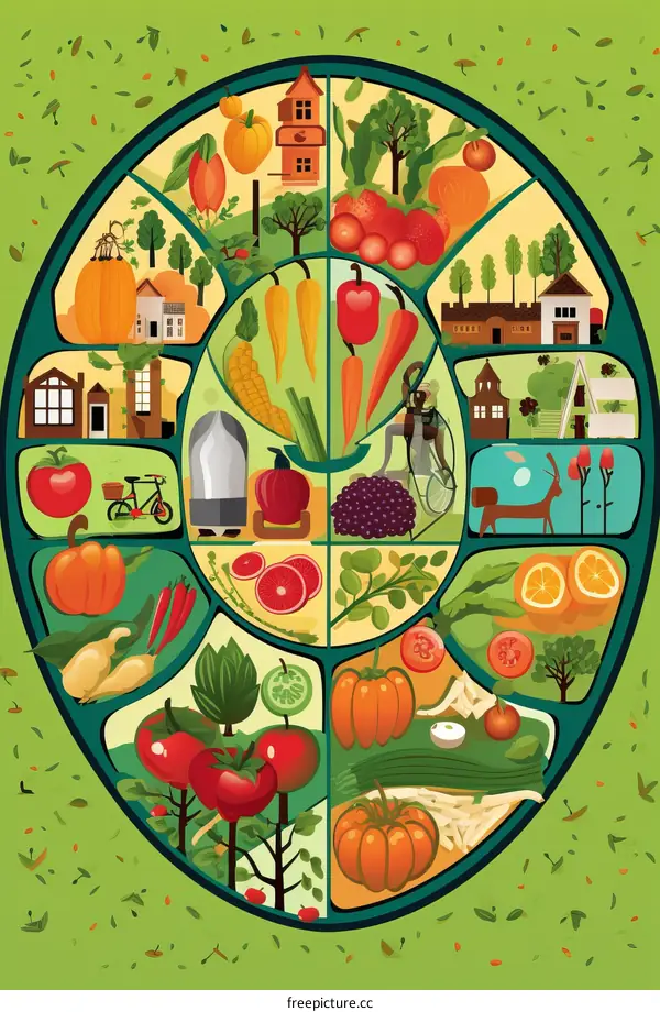 An illustration of a circular infographic about agriculture and farming.