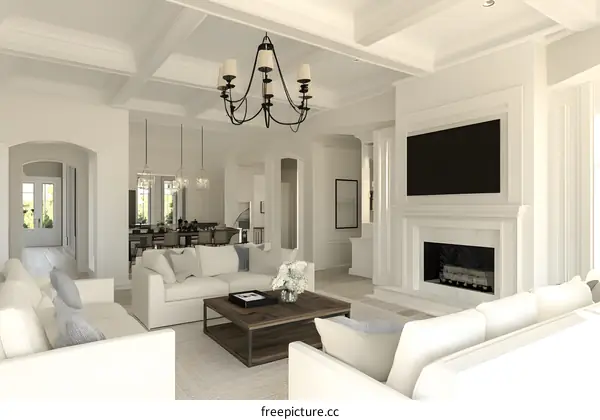 Modern Living Room Design With White Sofas and Fireplace