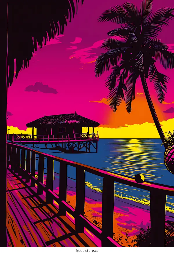 Tropical Sunset Beach House Illustration