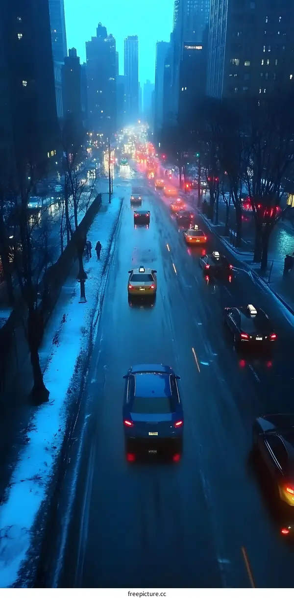 Cityscape View of Cars Driving on Road with Snow