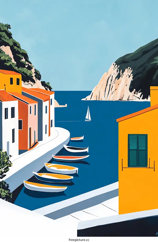 Colorful Illustration of Boats Docked Near a Town