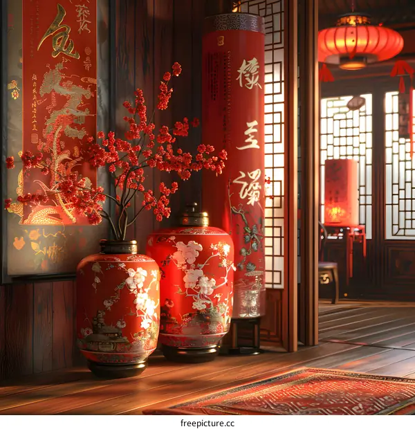A red wooden shelf with ceramic vases and potted flowers, and a red lantern beside it