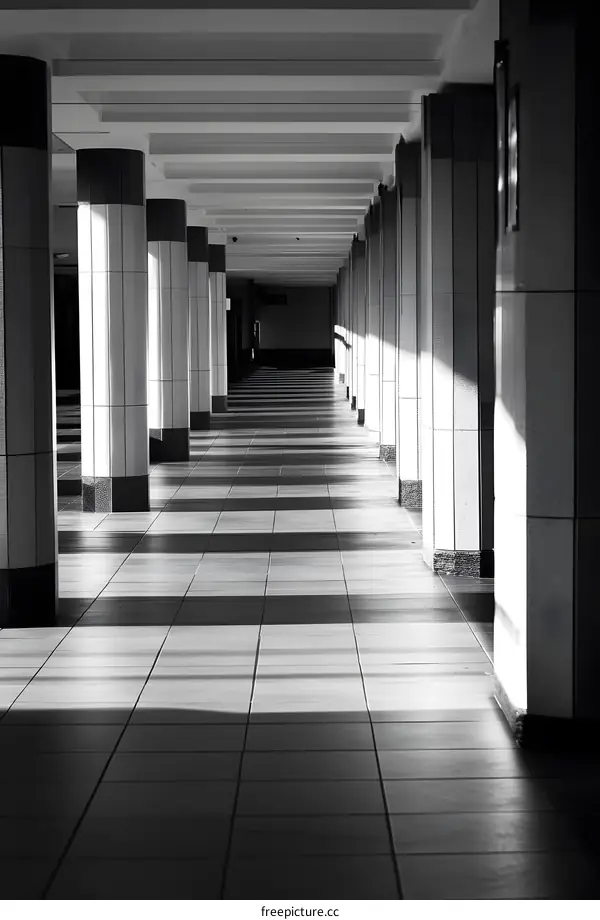 Black and White Photography of a Corridor with Columns