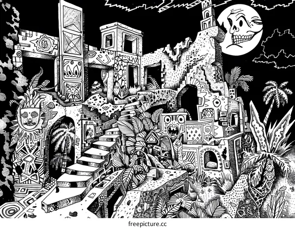 Black and White Illustration of a Ruins with a Skull Moon