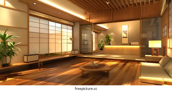 Japanese Style Interior Design Living Room With Wooden Floor and Sliding Doors