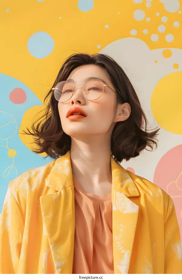 Young Asian Woman Wearing Yellow Blazer and Round Glasses Against Yellow Background