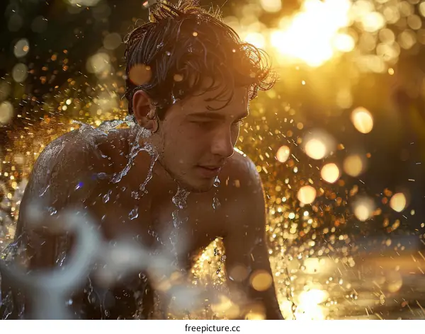 Young Man Splashing in Water at Sunset