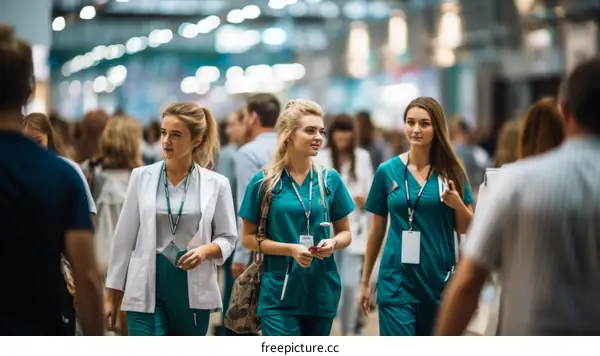 Three young female doctors in green scrubs walk and talk at a medical conference