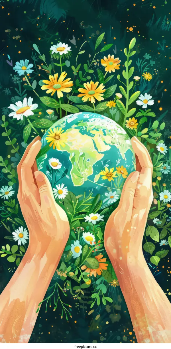 Hands holding the earth with flowers and plants growing around