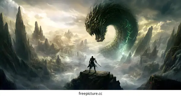 Fantasy Art of a Dragon and a Warrior in a Mountainous Landscape