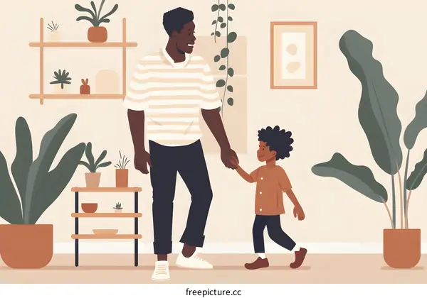 African American Father and Son Holding Hands in a Cozy Home