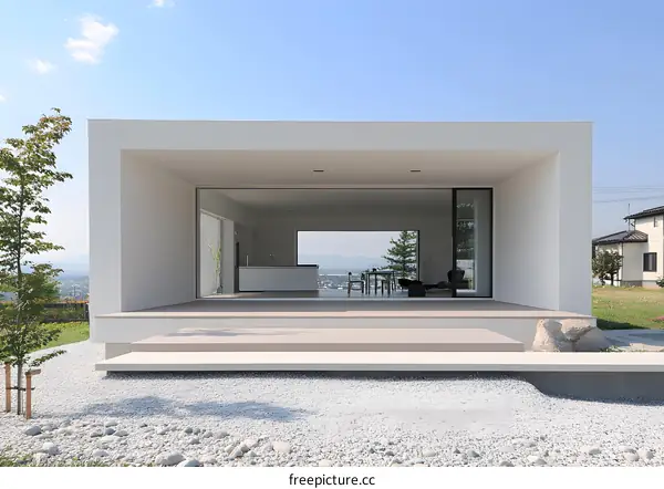 Modern White House with Large Glass Doors and View of Mountains