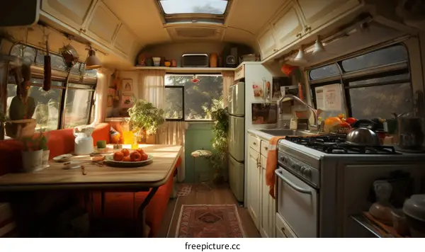 A cozy retro camper van interior with a kitchen and dining area