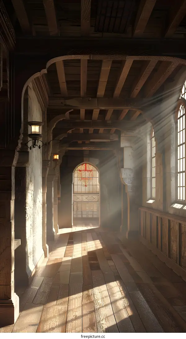 Sunlight Beams Through the Hallway of a Medieval Castle