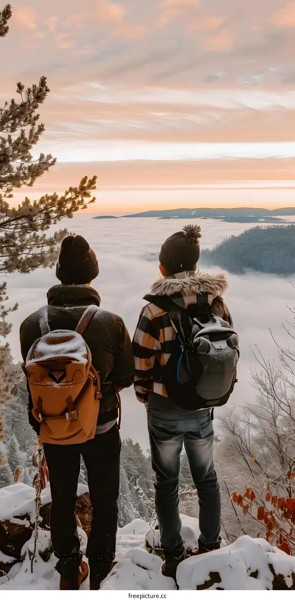 Two Hikers Enjoying the Breathtaking View From a Snowy Mountaintop