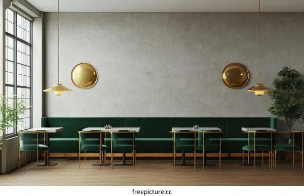 Modern Restaurant Interior Design with Dark Green Seating