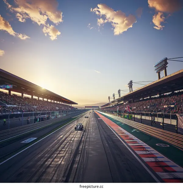 Formula One race cars speeding down a track with a crowd of spectators in the stands