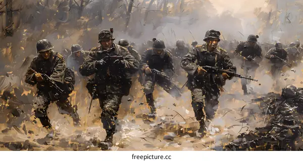 A group of soldiers are advancing through a forest