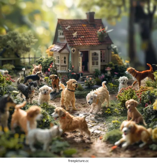 A group of dogs playing in a garden with a miniature house