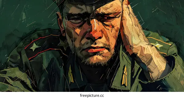 A soldier with a red star on his hat is holding his head in his hands