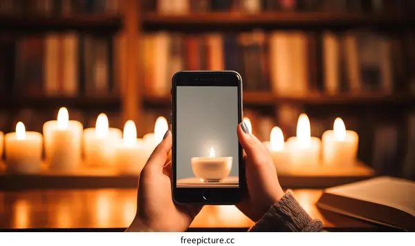 Person Reading in a Library with Phone and Candlelight
