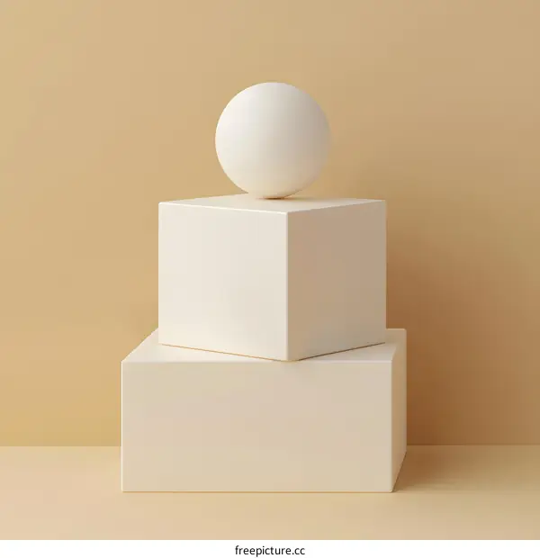 White Sphere On Top Of Stacked Cubes Against A Light Tan Background