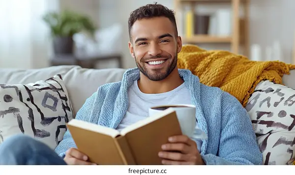 Happy Man Reading a Book at Home