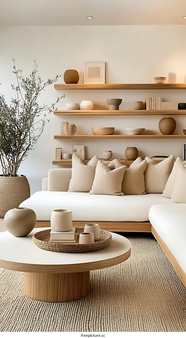 Modern Minimalist Living Room Decor with Wooden Shelves