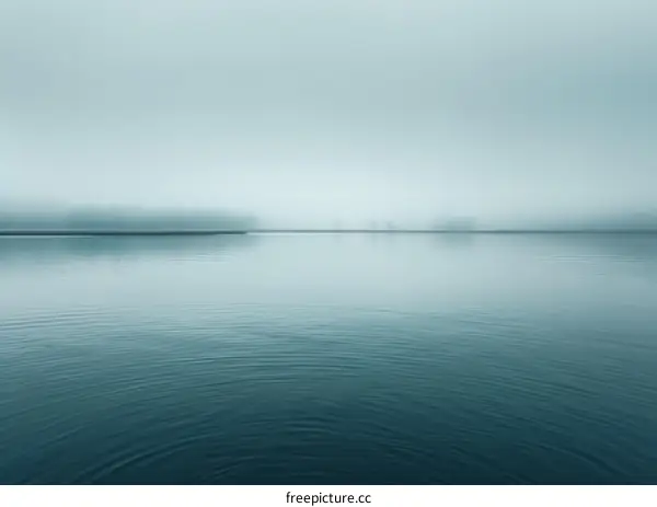 Misty lake with distant shoreline and trees in the fog