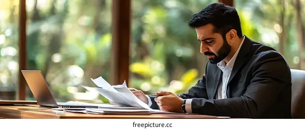 Businessman Working in Office with Laptop and Documents
