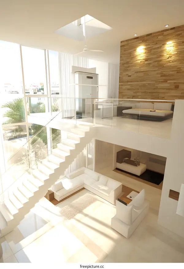 Modern White Loft Interior Design with Glass Railings and Staircase