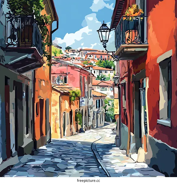 Colorful Illustration of a Narrow Cobblestone Street in an Italian Town