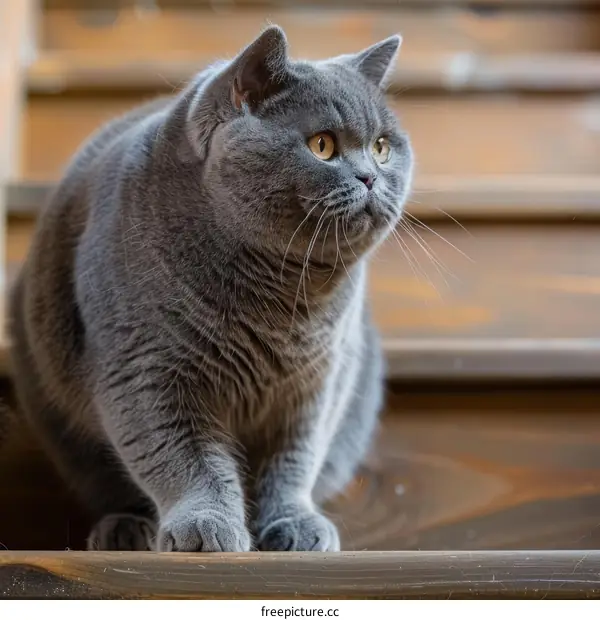 A gray British shorthair cat is sitting on the wooden stairs and looking away