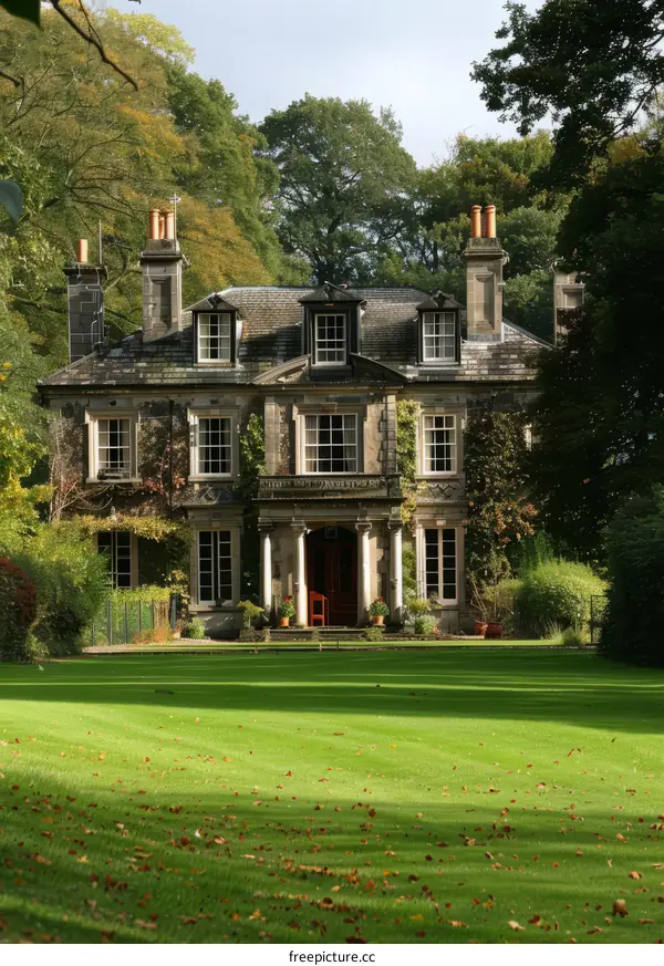An old English country house with a large lawn in front