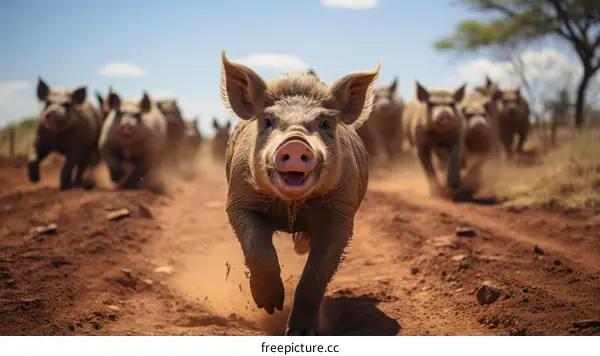 A group of happy pigs running on a dirt road